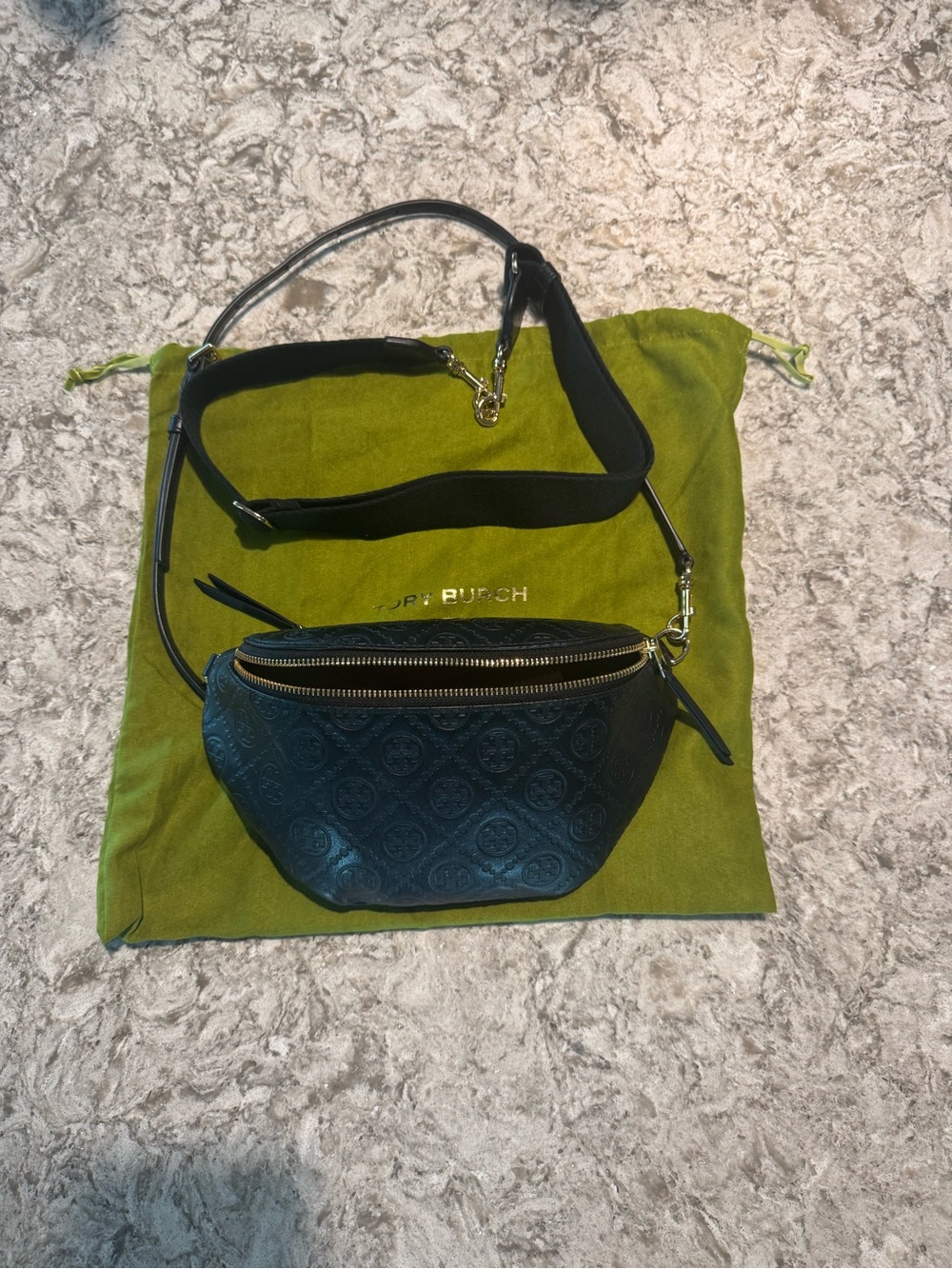 Tory Burch Black Embossed Leather Mini Belt Bag with Gold Zipper